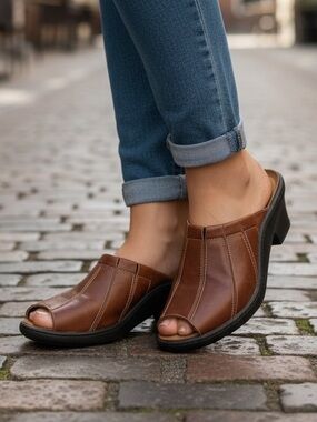 ROMIKA (39) Leather Open-Toe Slip-On Mule Heel Brown Comfort Durable 39EU 8.5US